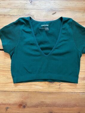 GARAGE S Green Ribbed Deep-V Neck Crop Top SS